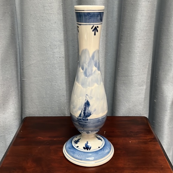 Tall Slender Blue Delft Bud Vase w/ Windmill on one side, Sailboat on the other - Picture 9 of 14